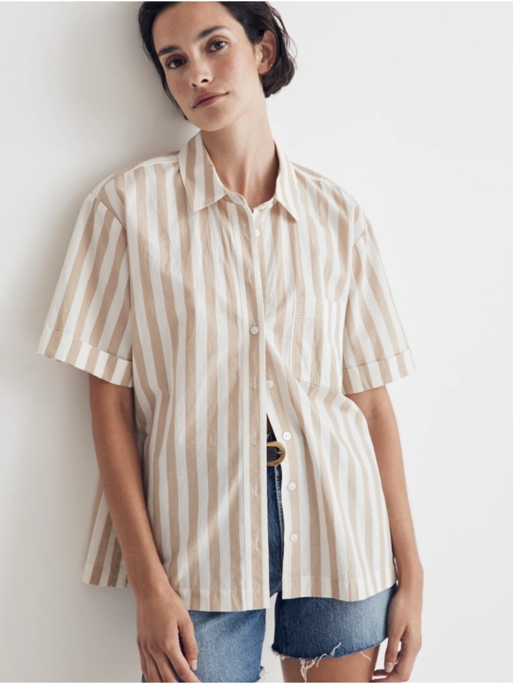 Madewell Signature Poplin Short-Sleeve Button-Down Shirt in shade Seed Khaki